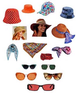 Sun hats, fun hats, scarves and sunglasses